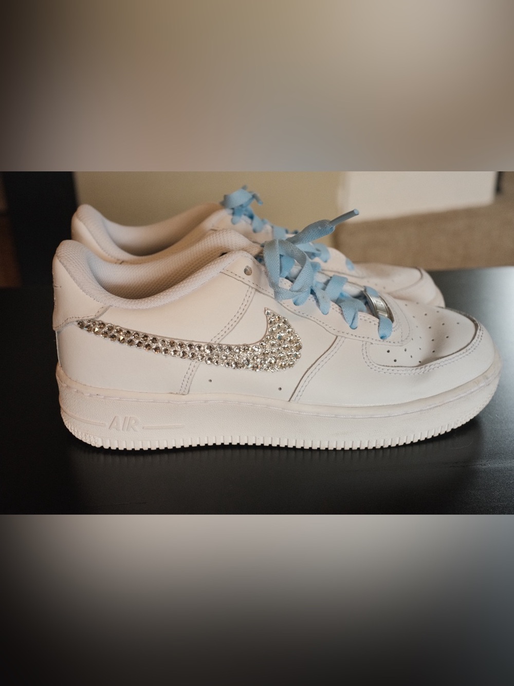 Nike White Sneakers with Crystal Swoosh and Light Blue Laces